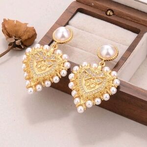 Elegant Gold and Pearl Heart Earrings DG Luxury